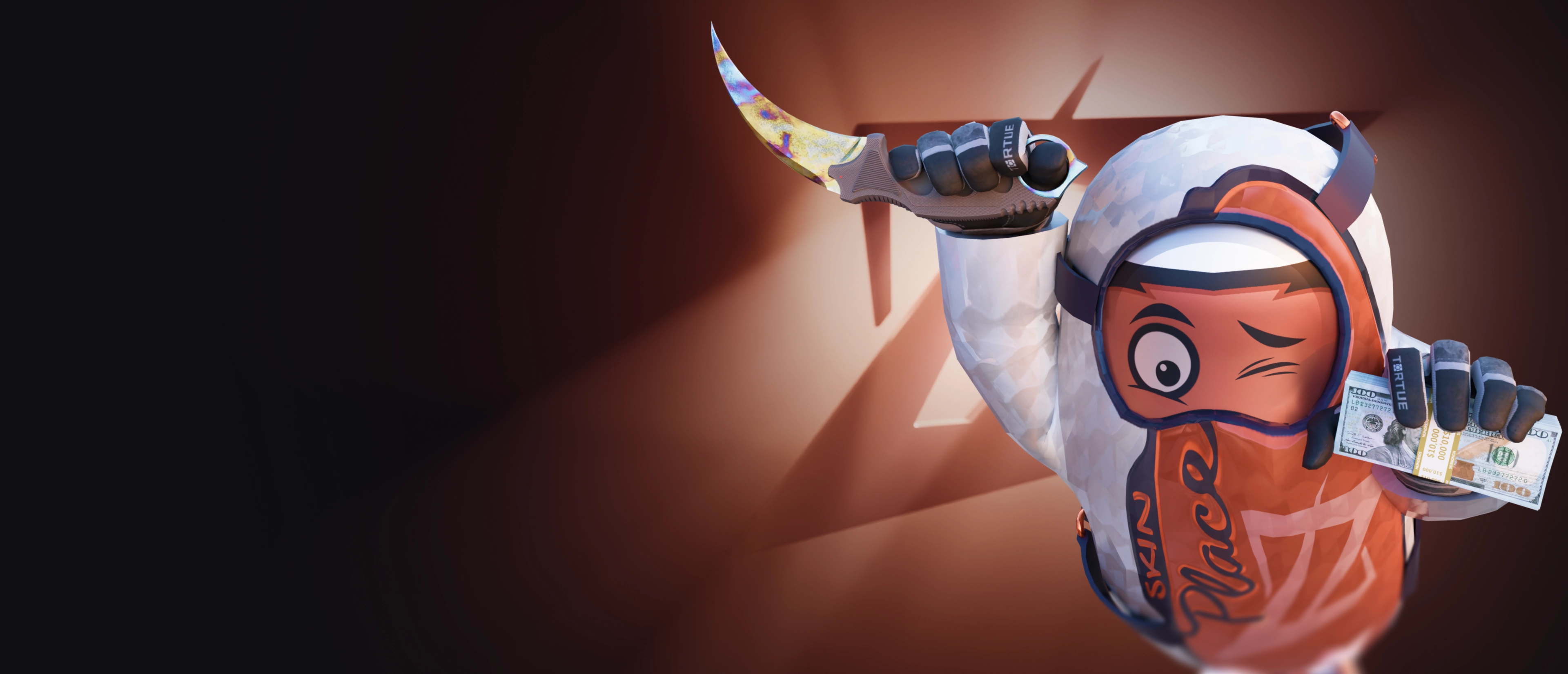 SkinPlace mascot holding a karambit and cash
